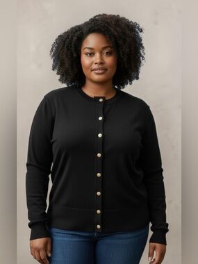 Talbots Black Button-Front Crewneck Cardigan